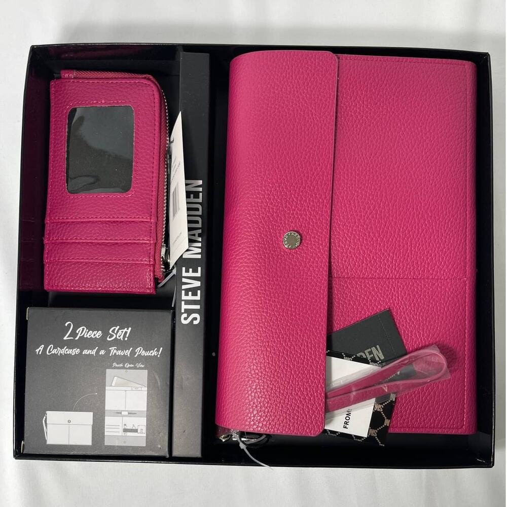 Steve Madden Womens Fuchsia 2 Piece Card Case Travel Pouch Gift Set NEW